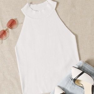 White Solid Halter Knit Top